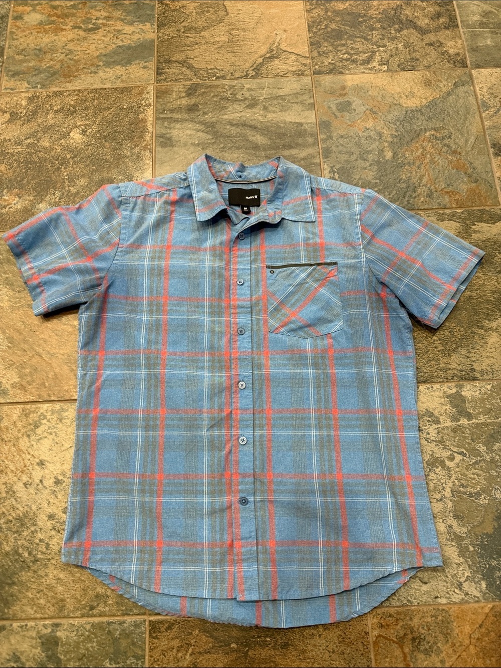 Hurley Blue and Coral Plaid Short-Sleeve Button-Down
